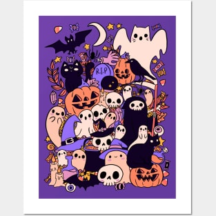 Cute halloween doodle art cute ghost pumpkins skulls and candy Posters and Art